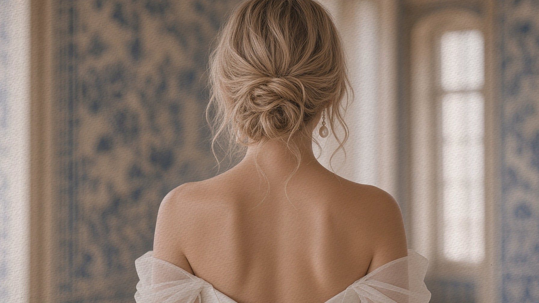 A bride from behind, in a room of blue Portuguese tiles